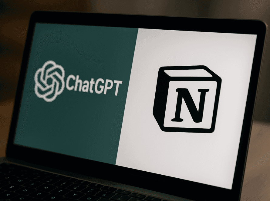 Écran d’ordinateur affichant les logos ChatGPT et Notion pour l’automatisation de la veille