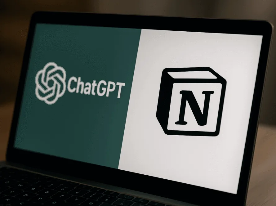 Computer screen displaying ChatGPT and Notion logos for competitive intelligence automation