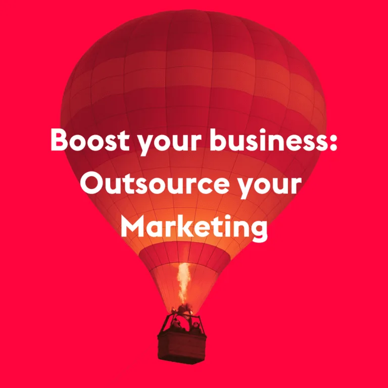 Red hot air balloon with the text “Boost your business: Outsource your marketing”