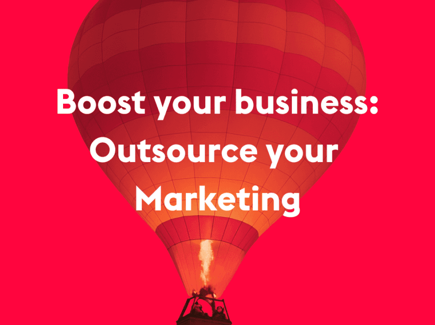 Red hot air balloon with the text “Boost your business: Outsource your marketing”