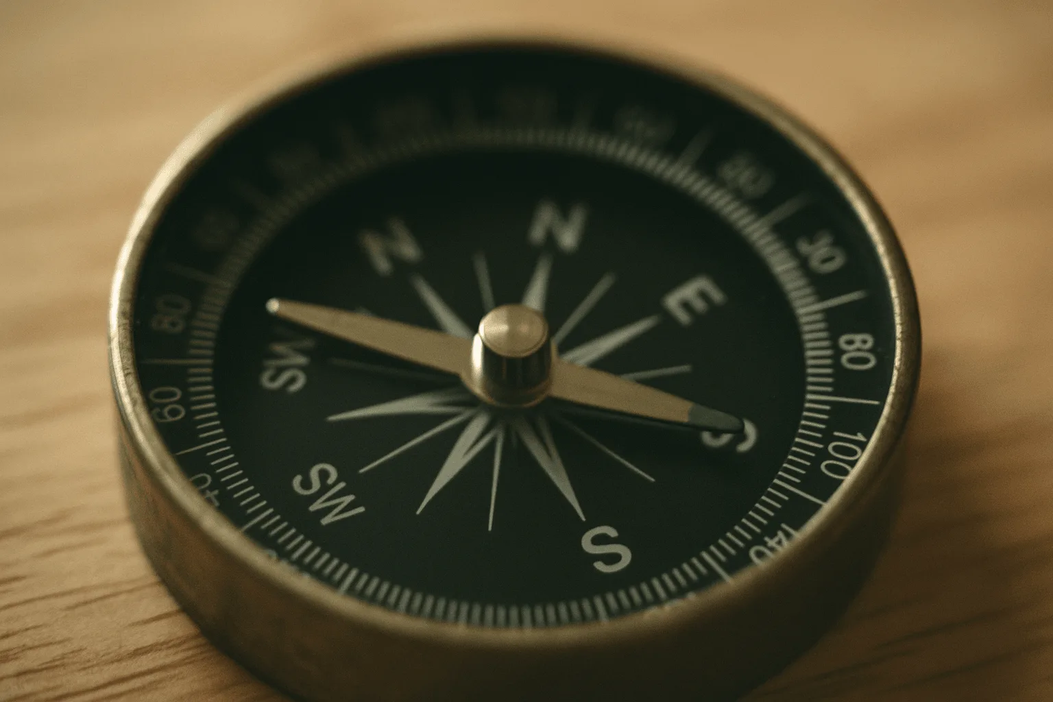 Close-up of an antique compass with the needle pointing north on a wooden table