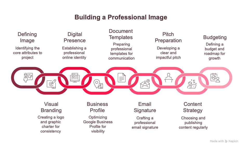 Infographic showing the key steps to building a professional image: defining image, digital presence, document templates, pitch preparation, budgeting, visual branding, business profile, email signature, and content strategy.