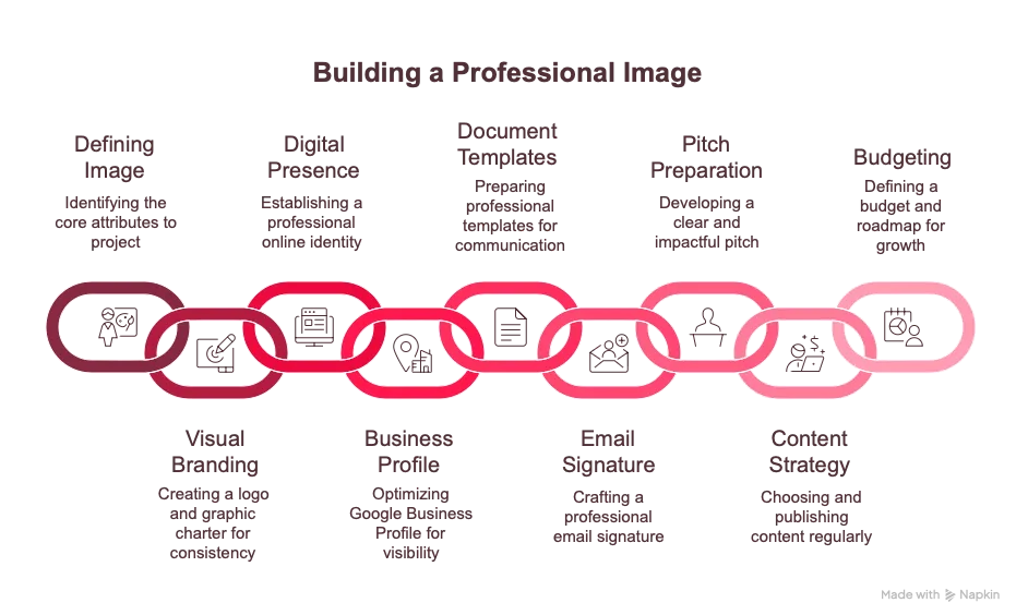 Infographic showing the key steps to building a professional image: defining image, digital presence, document templates, pitch preparation, budgeting, visual branding, business profile, email signature, and content strategy.
