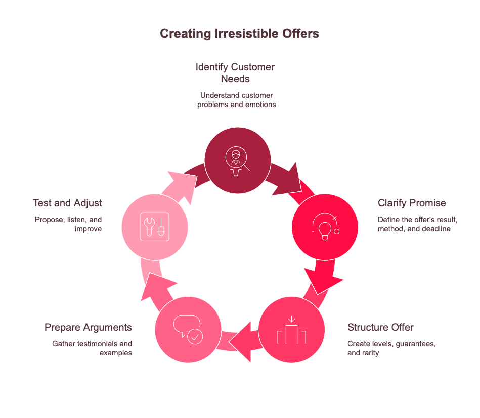 Circular infographic showing the process to create irresistible offers: identify customer needs, clarify promise, structure offer, prepare arguments, test and adjust.