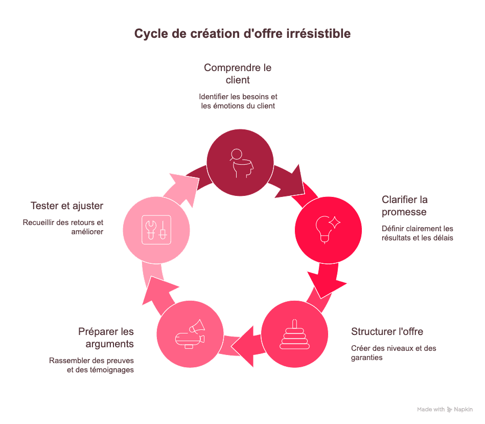 Infographie illustrant les cinq étapes du cycle de création d’une offre irrésistible : comprendre le client, clarifier la promesse, structurer l’offre, préparer les arguments, tester et ajuster