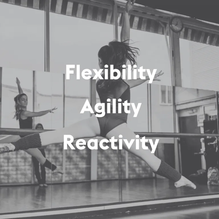 Dancer performing a split leap in a studio, with the words “Flexibility, Agility, Reactivity”