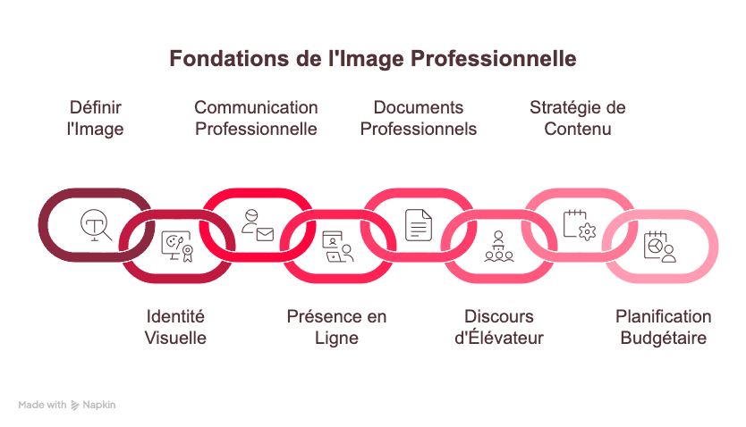 Infographie en français illustrant les fondations de l’image professionnelle : définir l’image, communication professionnelle, documents professionnels, stratégie de contenu, identité visuelle, présence en ligne, discours d’ascenseur, planification budgétaire