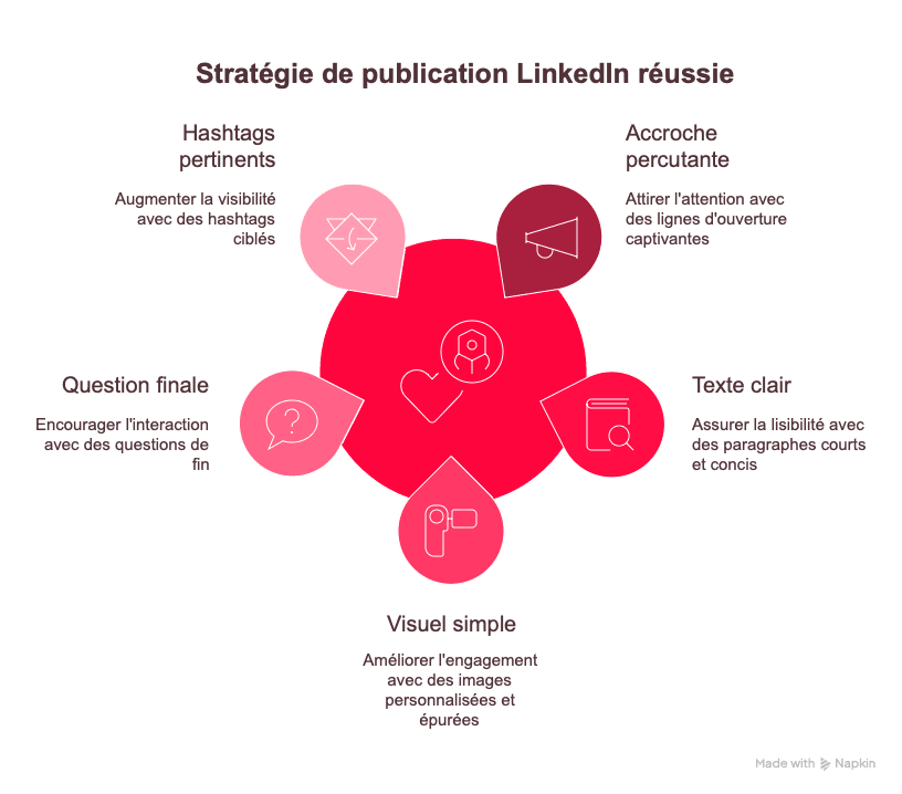 Infographie présentant les clés d’une publication LinkedIn réussie : hashtags pertinents, accroche percutante, texte clair, visuel simple, question finale