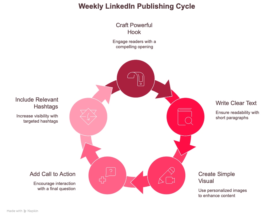 Infographic illustrating the LinkedIn publishing cycle: craft powerful hook, write clear text, create simple visual, add call to action, include relevant hashtags.